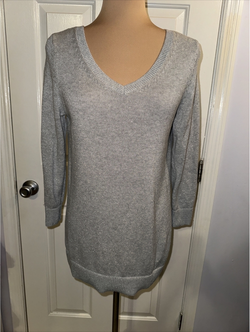 Talbots Gray Metallic Silver Back Tie Detail Long Sleeve Sweater Holiday XS